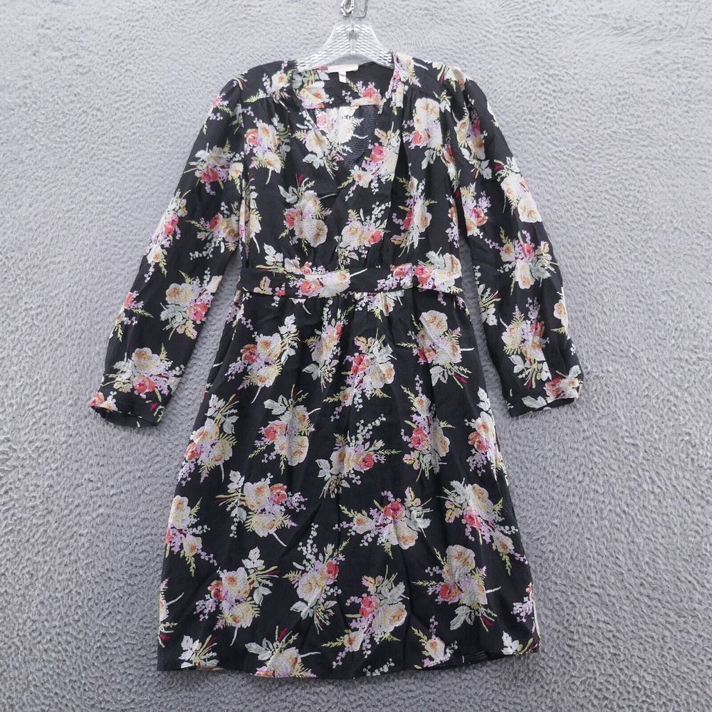 Rebecca Taylor Women‎ Silk Floral Dress Size 0 Black Pink Chiffon 3/4 Sleeve